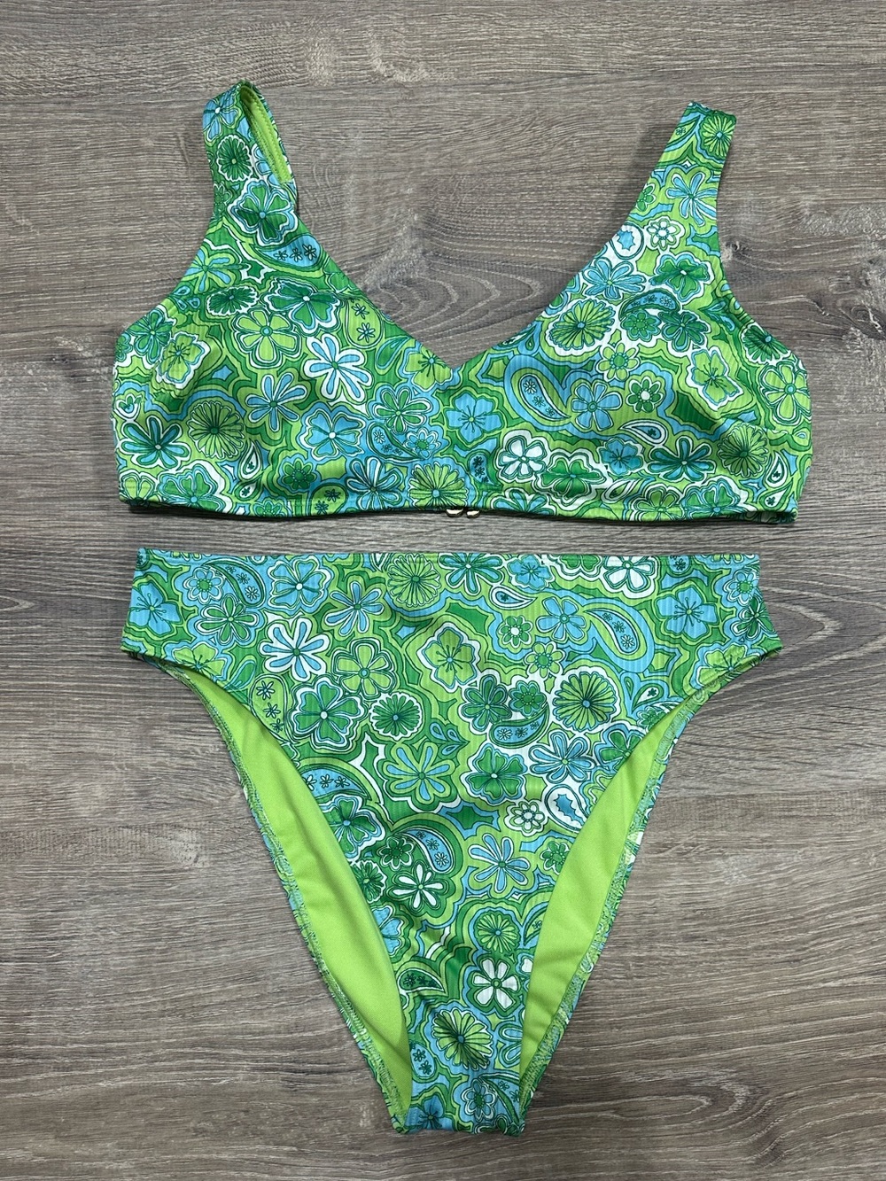 Hollister Swim Green/Blue Retro Floral Cheeky Curvy Bikini Set Large Medium